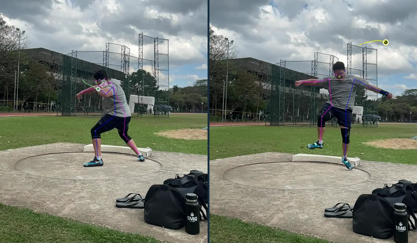 Dois frames reais do TrackShot com a pose sobre o atleta; no segundo, o implemento e sua trajetória aparecem destacados em amarelo